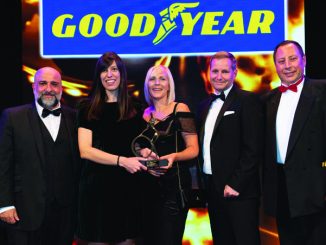 Brigade marketing manager Emily Hardy (centre) and marketing executive Zoe Page (second left) collect the trophy from David Howe, commercial sales general manager at sponsor Goodyear Dunlop Tyres, flanked by comedian Omid Djalili (far left) and MT editor Steve Hobson (far right)