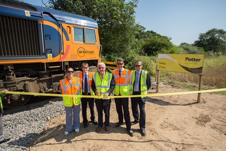 (from left) Julie Garn business manager at GB Railfreight; Paul Graham, operations manager, MSC; Derrick Potter, executive chairman at Potter Logistics; John Smith, MD at GB Railfreight; and Matthew Lamb, MD, Potter Logistics.